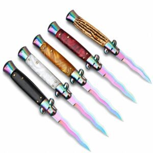 Cuchillo Stiletto con hoja ondulada de colores: juego de cuchillos automáticos con mangos mixtos