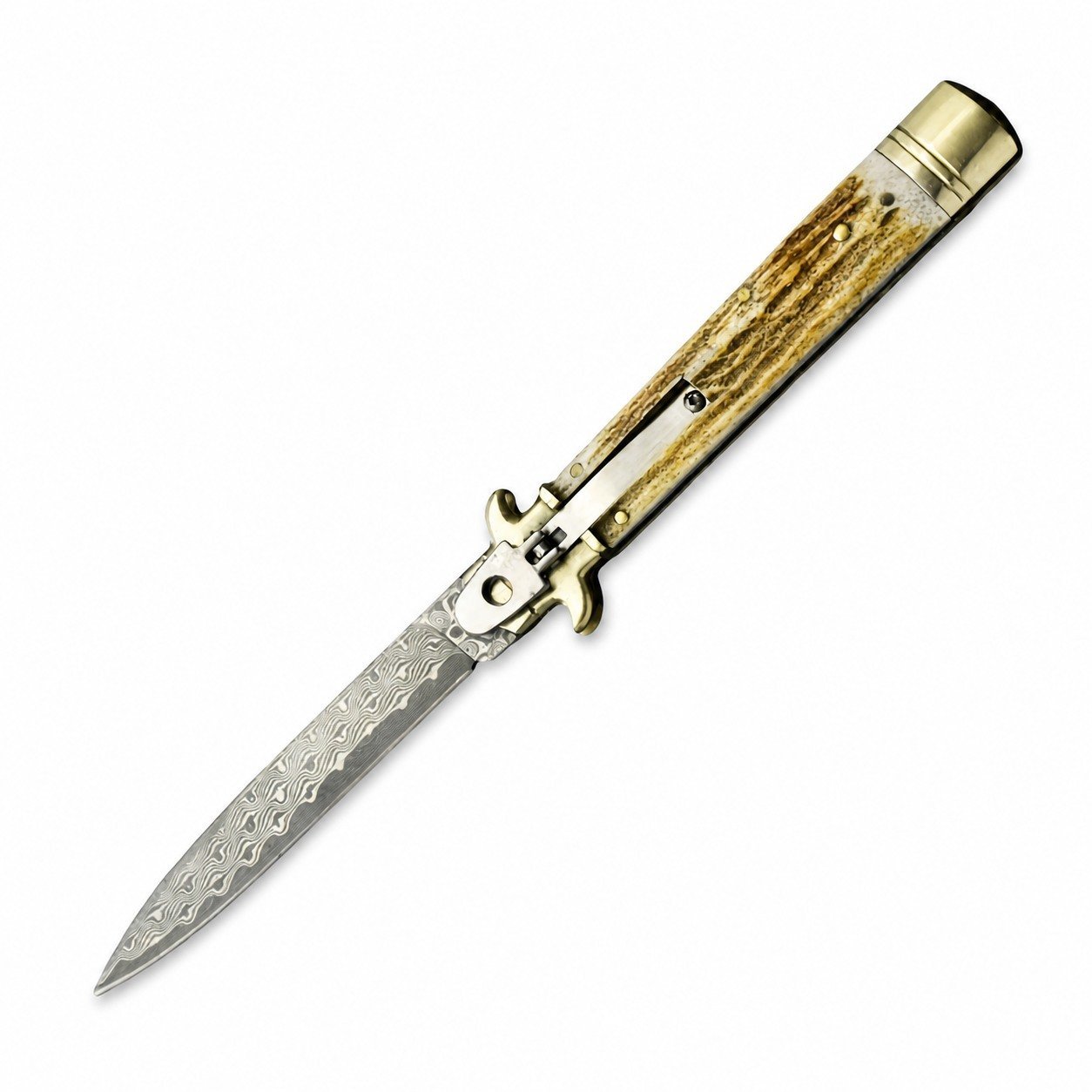 44714-main-white-clean.jpg Cuchillo Stiletto de acero damasco con mango de asta de 9 pulgadas