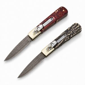 AKC Cuchillo clásico de apertura lateral de Damasco con incrustaciones de cobre y mango redondo