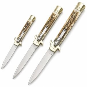 AKC Leverletto Brass Guard Cuchillo de apertura lateral con cuerno de ciervo