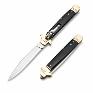 AKC Leverletto Brass Guard Cuchillo de apertura lateral con cuerno negro