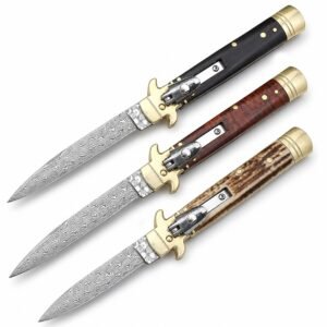 AKC Leverletto Brass Guard Damasco Cuchillo de apertura lateral