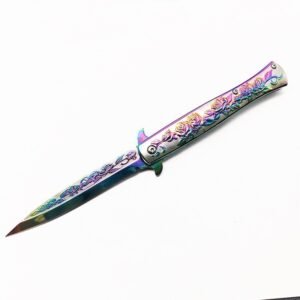 Cuchillo Stiletto con rosa de titanio grabada – Diseño con acabado en color